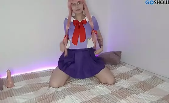 Pink haired goddess teasing with her vibrator